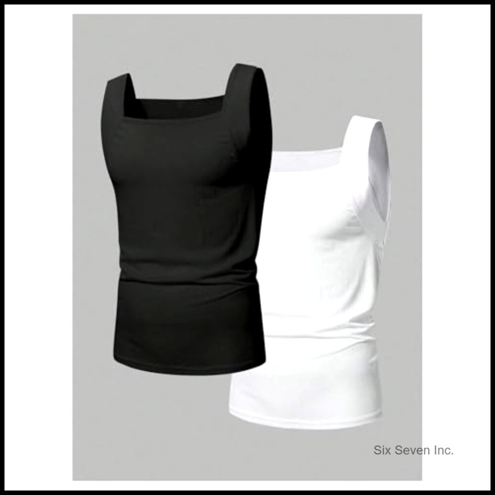 Men's Ribbed Tank Top Square Neck Basic Solid Sum… - image 4